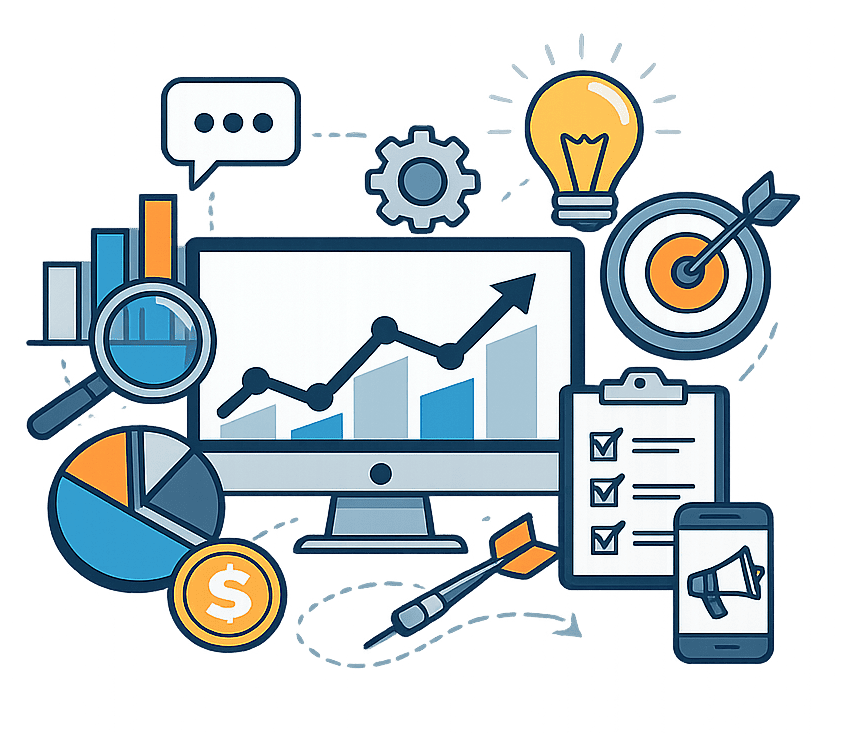 Digital systems overview illustration Abstract illustration representing digital systems, analytics, strategy and performance marketing.