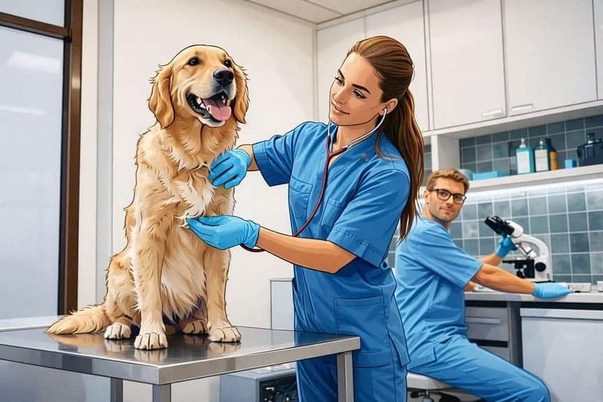 Veterinarian examining dog in animal clinic in Barrie, Ontario, Canada