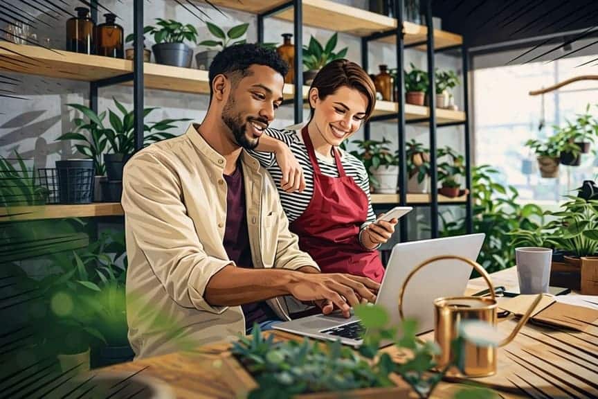 Small business owners collaborating in modern workspace in Barrie, Ontario, Canada